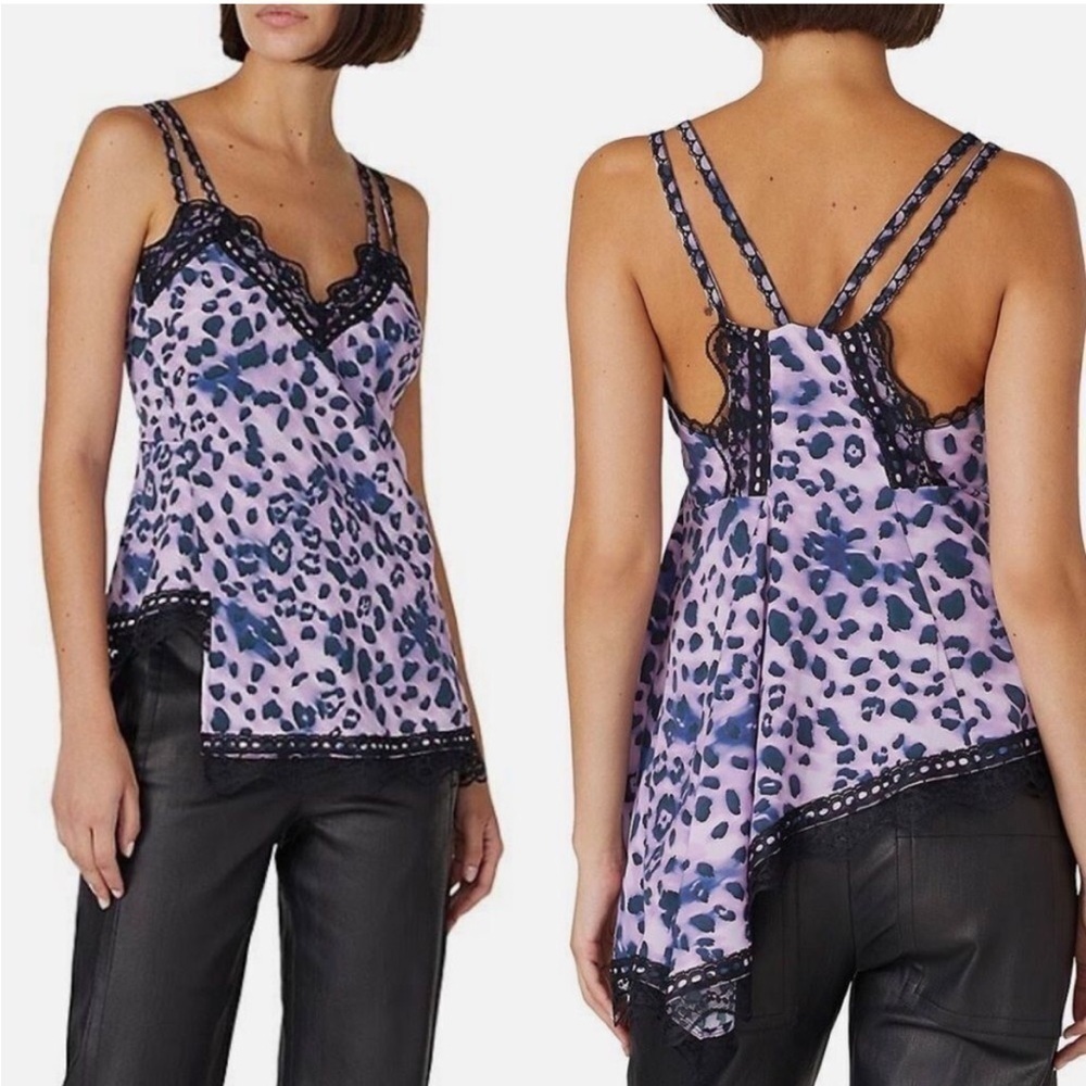 Koche Collective Leopard Camisole Top Asymmetric Lace Trim Purple Black Sz 38